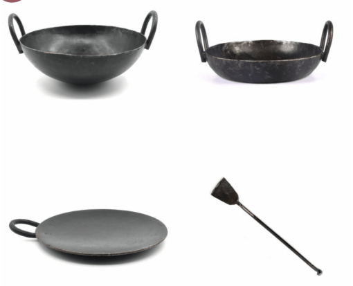 SEASONED IRON KADAI, SEASONED IRON FLAT KADAI, SEASONED IRON DOSA TAWA & IRON DOSA TURNER COMBO